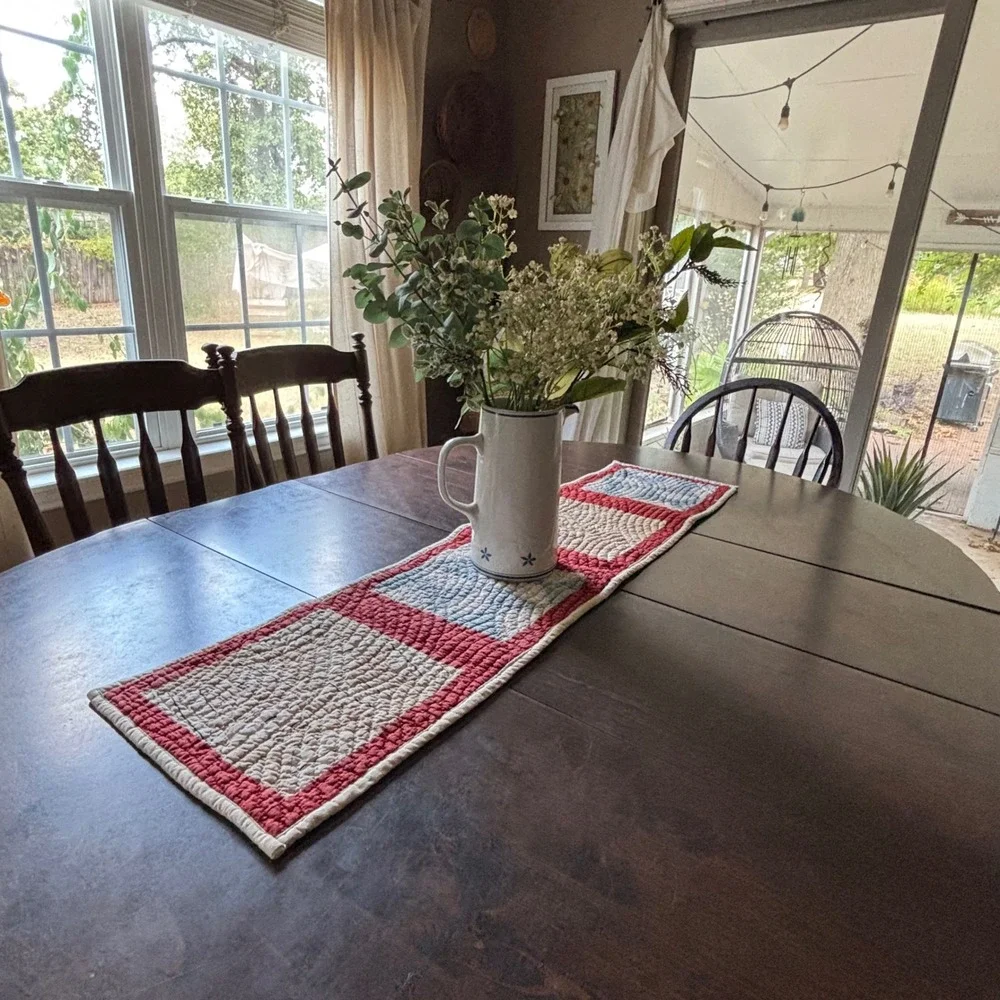 Reversible Patchwork Table Runner Americana Red Cream Blue Star Farmhouse 44x11